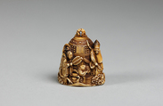 Netsuke in the form of a Bell Ornamented with Waves and Figures, Ivory, Japan