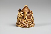 Netsuke in the form of a Bell Ornamented with Waves and Figures, Ivory, Japan