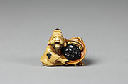 Netsuke of Daikoku with Hotei, Ivory with silver and gold inlay (?), Japan