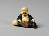 Netsuke of Hotei with a Fan, Wood and ivory, Japan