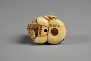Netsuke of Old Man Carrying a Bag of Ōni (Demons), Ivory, wood and metal, Japan