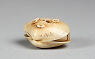 Netsuke of Clamshell Containing Figures and Bird, Ivory, Japan