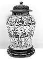 Jar with animals and flowers, Porcelain painted in overglaze polychrome enamels (Jingdezhen ware), wooden cover and stand, China