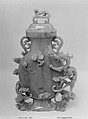Vase with cover, Nephrite, yellowish-gray with longitudinal cloudings of dark gray, China