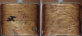 Case (Inrō) with Design of Samurai Kneeling on Bridge among Pines and Waves, Lacquer, nashiji, silver, red, black and gold hiramakie, takamakie and gold foil; Interior: nashiji and fundame, Japan