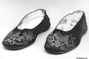 Woman’s wedding shoe, Silk satin with silk and metallic thread embroidery, glass beads, and leather soles, China