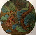 Tiger Drinking from a Stream, Unidentified artist, Fan mounted as an album leaf; ink and color on silk, China