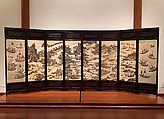 Folding screen with figures in a landscape, Carved talc mounted on silk, China