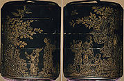 Case (Inrō) with Design of Chinese Women at Court, Roiro (waxen) lacquer decorated with incised gold; Ojime: stone bead, Netsuke: carved ebony monkey, Japan