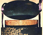 Case (Inrō) with Design of Chinese Women at Court, Roiro (waxen) lacquer decorated with incised gold; Ojime: stone bead, Netsuke: carved ebony monkey, Japan