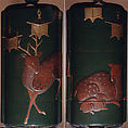 Case (Inrō) with Design of Deer and Lanterns at Kasuga Shrine, Yamada School, Gold and silver maki-e and pewter on dark green lacquer
Ojime: Coral bead
Netsuke: Carved wood in shape of mouse on mushroom, Japan