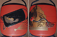 Inrō with Inrō and Fan, Koma Kyūhaku V (Japanese, died 1794), Four cases; lacquered wood with gold, black, red lacquer takamaki-e, hiramaki-e, tgidashimaki-e on red lacquer ground; Netsuke: carved ivory; beans; Ojime: metal bead with insects, Japan