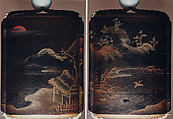 Case (Inrō) with Design of Thatched Hut with Crane, Reeds and Mountains, Lacquer, roiro, gold, silver and red hiramakie, togidashi, nashiji; Interior: roiro and fundame, Japan