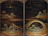 Case (Inrō) with Landscape Design of Sumiyoshi Shrine, Kyūho (Japanese, active 1789–1801), Gold maki-e with black lacquer
Ojime: metal or lacquered bead
Netsuke: ivory carved with design of chrysanthemum and waves, Japan
