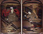 Case (Inrō) with Design of Chinese Scholar Seated at Low Desk (obverse); Lady Using Brush (reverse), Hasensai Senjin, Lacquer decorated with sprinkled and polished hiramakie lacquer, carved ivory, and mother-of-pearl inlay; Ojime: coral bead, Netsuke: ivory flower, Japan