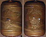 Case (Inrō) with Benkei and Yoshitsune Disguised on the Flight to Ōshū, Lacquer, kinji, gold, silver and brown hiramakie, takamakie, stained ivory inlay; Interior: nashiji and fundame, Japan