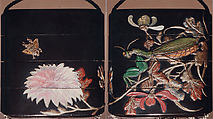 Case (Inrō) with Design of Chrysanthemum and Bee (obverse); Praying Mantis (reverse), Lacquer, roiro, gold and colored hiramakie, raden, ceramic inlay; Interior: roiro and fundame, chinkinbori, Japan