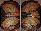 Case (Inrō) with Design of Fans, Gold and silver maki-e with black lacquer 
Ojime: lacquer bead 
Netsuke: ivory figures, Japan