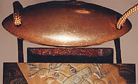 Case (Inrō) with Design of Fans, Gold and silver maki-e with black lacquer 
Ojime: lacquer bead 
Netsuke: ivory figures, Japan