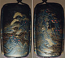 Case (Inrō) with Design of Monkeys Hanging from Trees Above Waves (obverse); Monkeys Seated on Rocks (reverse), Lacquer, roiro, silver nashiji, gold, silver, black and red hiramakie, kirigane; Interior: nashiji and fundame, two upper cases divided, spoon, Japan