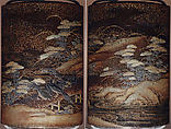 Case (Inrō) with Design of Crows on Bridge beside Autumn Flowers, Lacquer, roiro, mura nashiji, gold, silver and black hiramakie, takamakie; Interior: nashiji and fundame, Japan