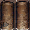 Case (Inrō) with Design of Chinese-Style Landscape with a Building (obverse); Waterfall with Cloud Bands (reverse), Lacquer, fundame, gold, silver and black hiramakie, takamakie, kirigane; Interior: nashiji and fundame, Japan