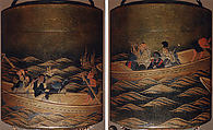 Case (Inrō) with Design of People Riding in Ferryboats, Lacquer, fundame, nashiji, gold and colored hiramakie; Interior: nashiji and fundame, Japan
