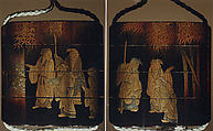 Inrō with the Seven Sages of the Bamboo Grove, Tōyō (Japanese, active second half of the 18th century), Three cases; lacquered wood with gold and silver hiramaki-e, togidashimaki-e, and gold foil cutouts on black lacquer ground Netsuke: box with flowers; lacquered wood with hiramaki-e Ojime: coral bead, Japan