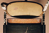 Case (Inrō) with Object from the Noh drama "Hachinoki", Gold lacquer inlaid with mother-of-pearl on a black lacquer ground
Ojime: Amber bead in shape of a vase
Netsuke: Boxwood carved with "mother and child" mice and an eggplant, Japan