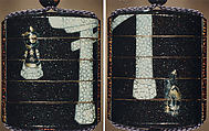 Case (Inrō) with Design of Person with Umbrella and Lantern Approaching Shrine Gate (Torii), Lacquer, aogai nashiji, same, metal inlay, roiro and gold hiramakie; Interior: roiro and fundame, Japan