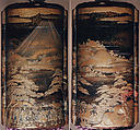 Case (Inrō) with Depiction of Daimyō Procession at the Foot of Mount Fuji, Gyokuzan (1737–1812), Lacquer, roiro, gold and colored hiramakie, takamakie, kirigane, nashiji; Interior: nashiji and fundame, Japan