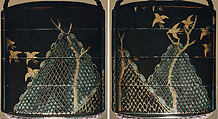 Case (Inrō) with Design of Fishing Nets and Chidori in Flight, Lacquer, roiro, gold hiramakie, metal wire, aogai inlay; Interior: nashiji and fundame, Japan