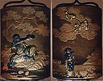 Case (Inrō) with Design of Magician Handaka Sonja Seated beneath Tree (obverse); Karako Pointing at Dragon in Sky (reverse), Lacquer, kinji, gold, silver, brown and red hiramakie, metal inlay; Interior: nashiji and fundame, Japan