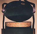 Case (Inrō) with Design of a Suit of Armor (obverse); Flasks for Boys Festival (reverse), Yamada Jōkasai (1681–1704), Gold and colored lacquer with inlaid mother-of-pearl on ro-iro black lacquer; ojime: metal bead inlaid with silver; netsuke: carved ebony inlaid with ivory design of Daruma, Japan