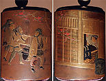 Case (Inrō) with Design of a Teahouse (obverse) Three Travelers En Route (reverse), Yamada Jōkasai (1681–1704), Lacquer decorated with sprinkled hiramakie lacquer, sprinkled and polished takamakie lacquer relief, and nashiji (pear skin) lacquer; Ojime: ivory and gold lacquer bead; Netsuke: carved wood bird (signed Shuko), Japan