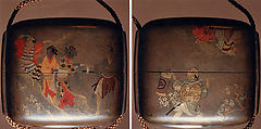 Case (Inrō) with Design of Cherry-Blossom Viewing, Kajikawa School, Lacquer decorated with togidashi sprinkled and polished lacquer; Ojime: stone bead with silver bird inlay; Netsuke: metal button engraved with figure of Fukurokuju, Japan