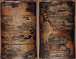 Case (Inrō) with Design of Monkey Trainer and Seated Monkey on Leash (obverse); Bundle, Hat, Sticks and Staff (reverse), Lacquer, cherry bark, gold and colored hiramakie, takamakie; Interior: plain and fundame, Japan