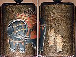 Case (Inrō) with Design of Caparisoned Elephant Standing (obverse); Two Karako with Trumpet, Banner (reverse), Lacquer, roiro, hirame, gold, silver and colored hiramakie, takamakie; Interior: nashiji and fundame; each case: silver metal box, Japan