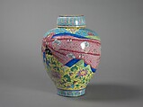 Jar with floral scrolls and wrapped-cloth design (one of a pair), Painted enamel on copper alloy, China