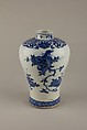 Meiping vase  with peach, pomegranade, and fingered citron, Soft-paste porcelain painted in underglaze cobalt blue (Jingdezhen ware), China