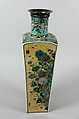 Square vase with scenes of four seasons, Porcelain painted in polychrome enamels over a yellow ground (Jingdezhen ware, famille jaune), silver mouth rim, China