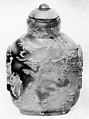 Snuff Bottle, Moss agate with quartz and jadeite stopper, China