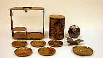 Portable Picnic Set (sagejū) with Peonies, Lacquered wood with gold, silver, red togidashimaki-e, hiramaki-e on black and nashiji lacquer ground, Japan