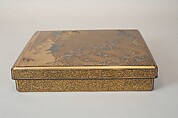 Writing Box with Cranes, Pines, Plum Blossoms, and Characters, Lacquered wood with gold and silver takamaki-e, hiramaki-e, togidashimaki-e, and silver inlay on nashiji ground, Japan