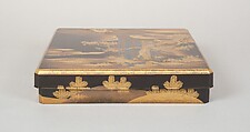 Writing Box with Design of a Cherry Tree and Waterfall, Gold and silver maki-e on black lacquer, Japan
