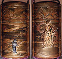Case (Inrō) with Design of God of Longevity (Jurōjin) beside Flowering Plum Tree (obverse); Karako Walking on Bridge (reverse), Lacquer, kinji, gold, silver and black hiramakie, kirigane, metal inlay; Interior: nashiji and fundame, Japan