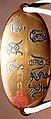 Inrō with Auspicious Characters, Seven cases; lacquered wood with silver hiramaki-e on gold groundNetsuke: bone; lacquer and maki-e chestnutOjime: silver bead , Japan