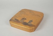 Writing Box with Design of Elderly Couple under Pine from the Noh Play Takasago, Gold maki-e with colored lacquer on black lacquer, Japan