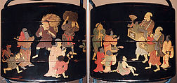 Inrō with Street Festival (obverse); People Watching a Puppet Show (reverse), Tatsuke Takamasu (Japanese, active second half of the 18th century), Three cases; lacquered wood with gold, silver, and color (iroko) togidashimaki-e on black lacquer groundNetsuke: carved teakwood; peach with a monkey inside (signed: Kagetoshi)Ojime: carved teakwood with floral design, Japan