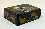 Document Box (Ryōshibako) with Court Carriage and Wild Ginger, Lacquered wood with gold and silver hiramaki‑e, togidashimaki-e, and e-nashiji (“pear-skin picture”), with mother‑of‑pearl inlay on black ground, Japan